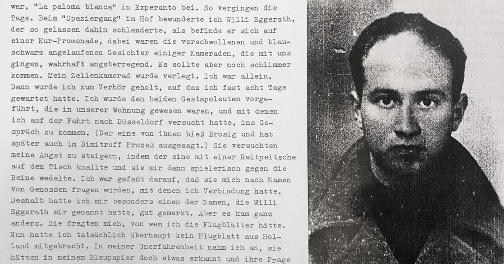Ein Auszug aus den Erinnerungen von Alfred Katzenstein aus der Haft im Gestapogefängnis in Düsseldorf. Daneben ein Portraitfoto von Alfred Katzenstein mit Anfang 20