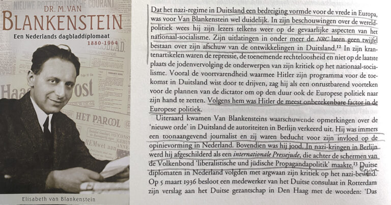 Die Titelseite des Buches von Elisabeth van Blankenstein zeigt einen jungen Marcus van Blankenstein, ihren Großvater, am Schreibtisch in die Kamera lächelnd. Transparent im Hintergrund sind die verschiedenen Zeitungstitel der Publikationen zu erkennen, bei denen von Blankenstein gearbeitet hat. Auf der rechten Seite ein Auszug aus dem Buch, in dem die Enkelin die Haltung ihres Großvaters zum Naziregime einordnet.