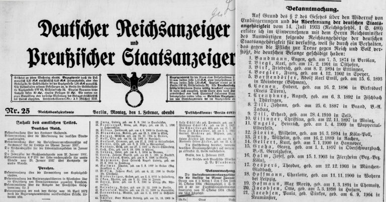 Auszug aus dem "Deutschen Reichsanzeiger und Preußischen Staatsanzeiger, Ausgabe 25 vom 1. Februar 1937 abends. Darin abgedruckt ist eine Liste mit ausgebürgerten Deutschen, darunter mit der Ziffer 17. der Name meines Großvaters Theo Hespers