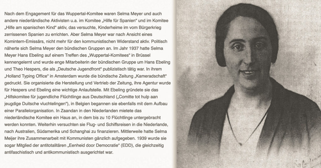Ein Portrait von Selma Meyer. Daneben ein paar Zeilen ihres politischen Wirkens von der Seite gedenkbuch-wuppertal.de, die auch nochmal im Text verlinkt ist.