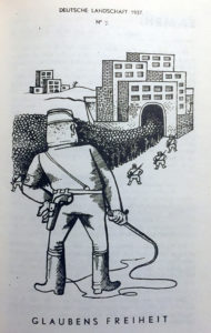 Karikatur: Eine Menschenmasse strömt durch ein Tor, flankiert von SS-Offizieren mit Peitschen, Pistolen und Maschinengewehren. Darunter steht: Glaubensfreiheit.