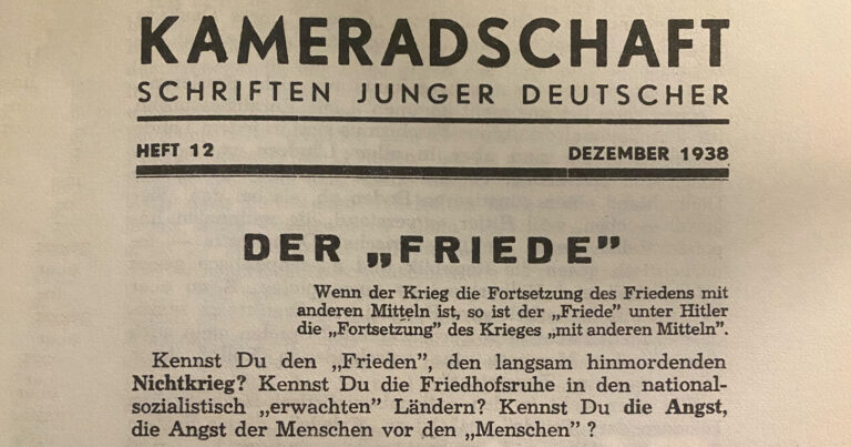 Titelseite der Dezember-Ausgabe 1938 von "Die Kameradschaft" mit dem Artikel "Der 'Friede'"